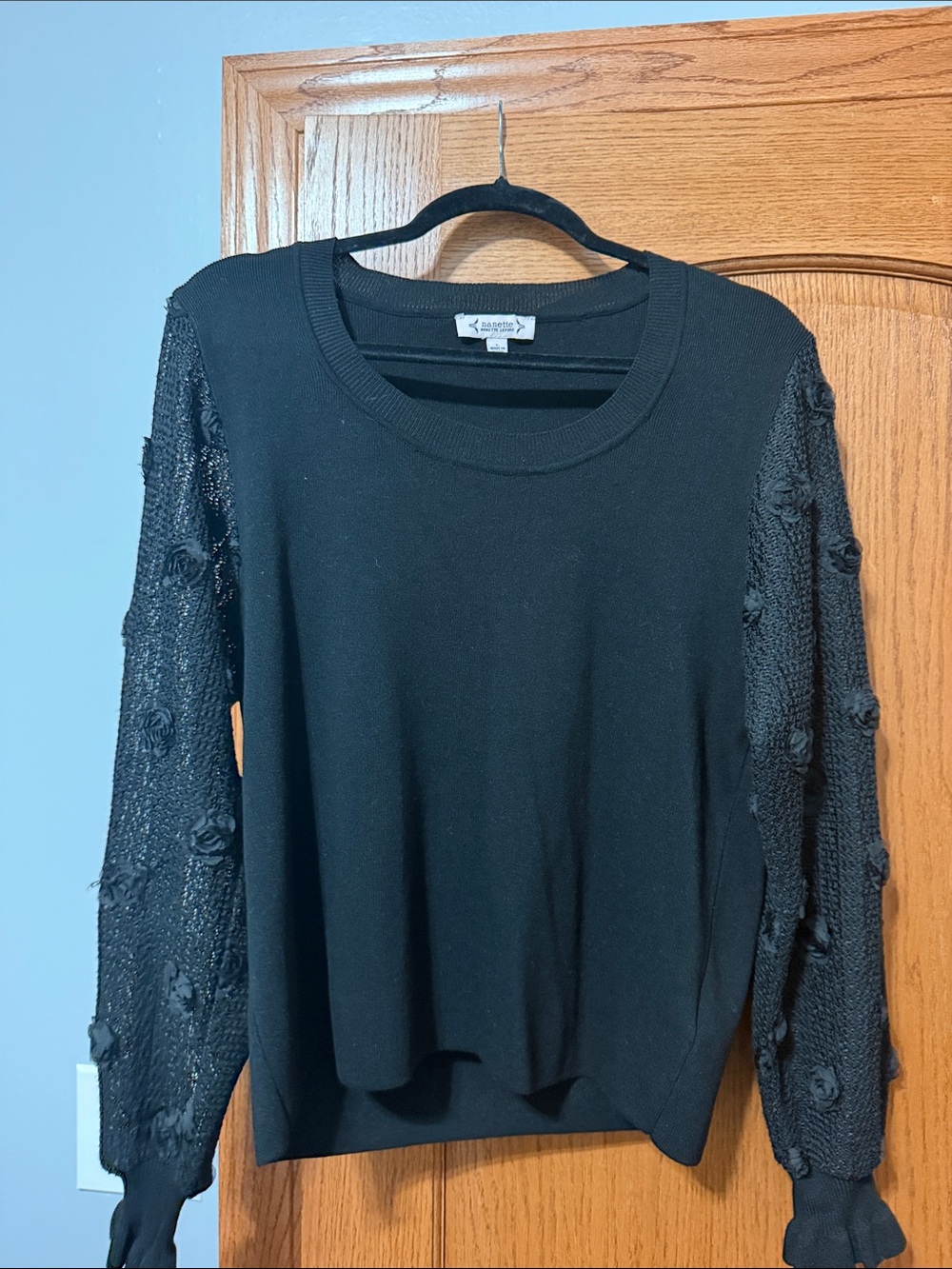 Nannette Black Knit Sweater with Textured Rose-Accent Sleeves
